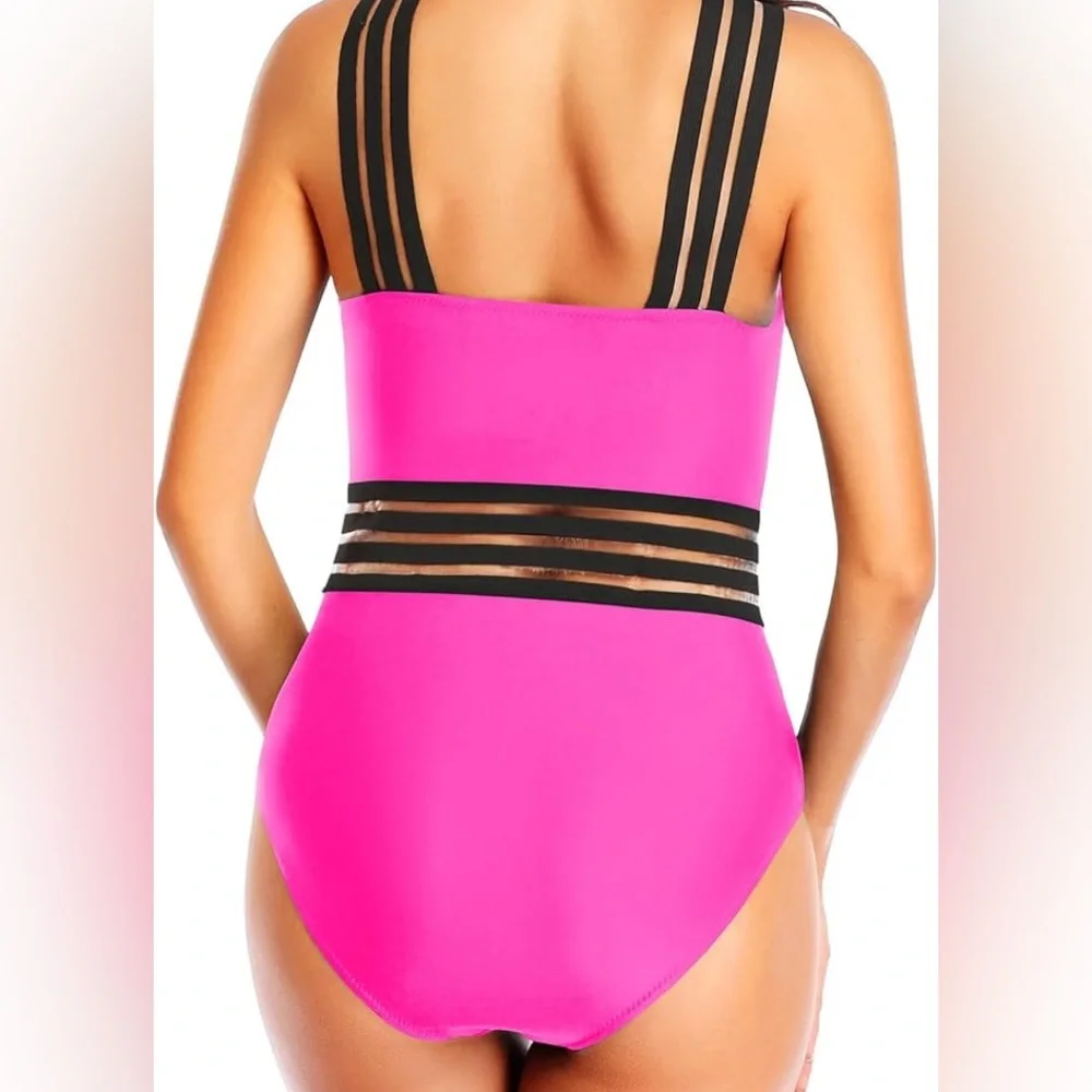 NWT Women’s Tempt‎ Me Neon Pink & Black One Piece Crossover Swimsuit - Large